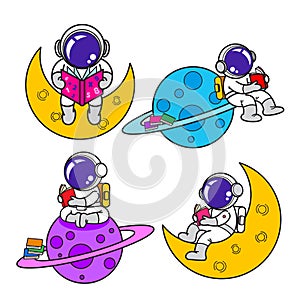 Astronaut, cartoon set, animation , flat design, reading photo